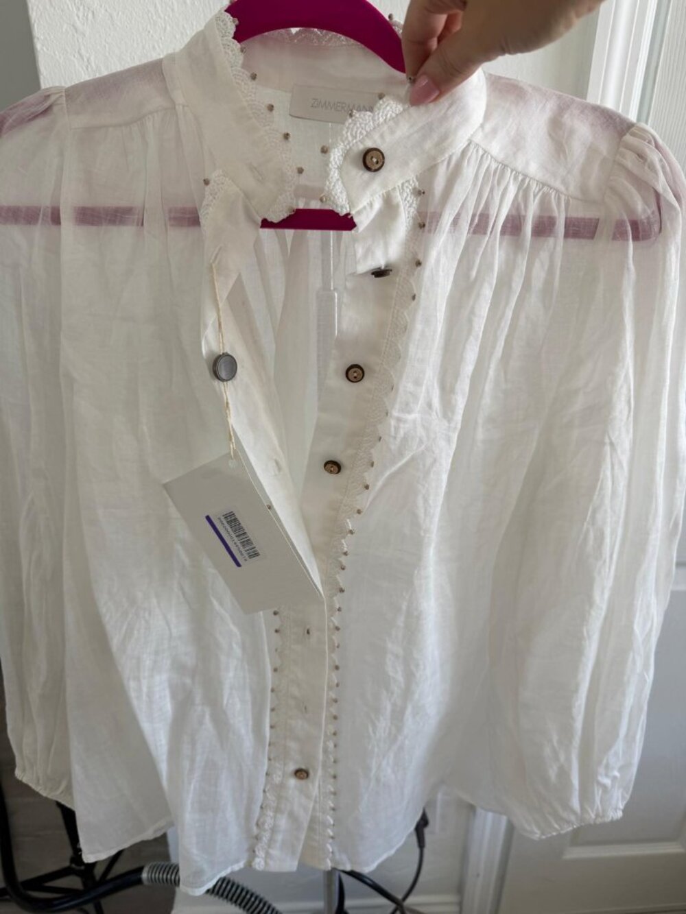 Zimmermann Lyre Embroidered Trim Ivory Linen Blouse Size 1 Small NWT